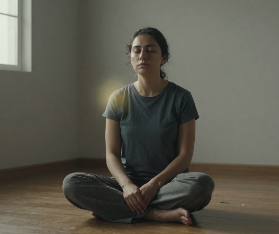 A woman sitting cross-legged in quiet meditation in a sparse room, eyes closed