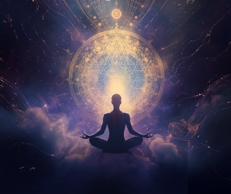 Silhouette meditating in lotus pose surrounded by sacred geometry, representing the five koshas