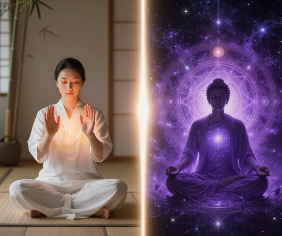Split image of a woman in Reiki meditation pose beside a cosmic meditating figure surrounded by sacred geometry