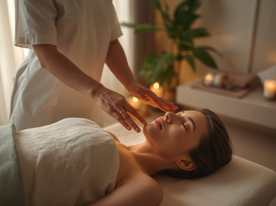 A Reiki practitioner's hands hovering above a relaxed client during a healing session