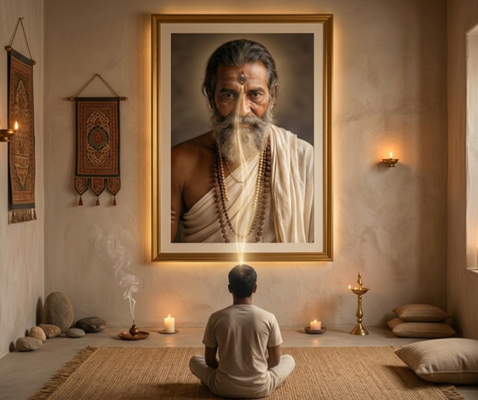A devotee in quiet meditation before a framed portrait of his Guru, representing Shaktipat
