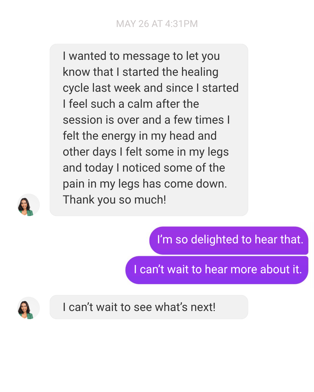 Message from a Cycle participant describing calm after sessions, energy sensations, and less leg pain