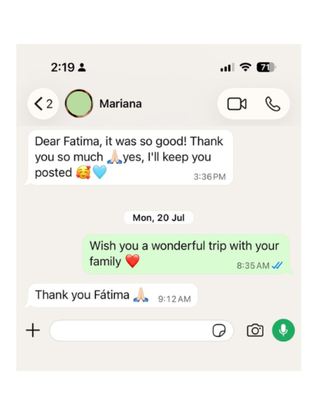 WhatsApp message from Mariana thanking Fatima