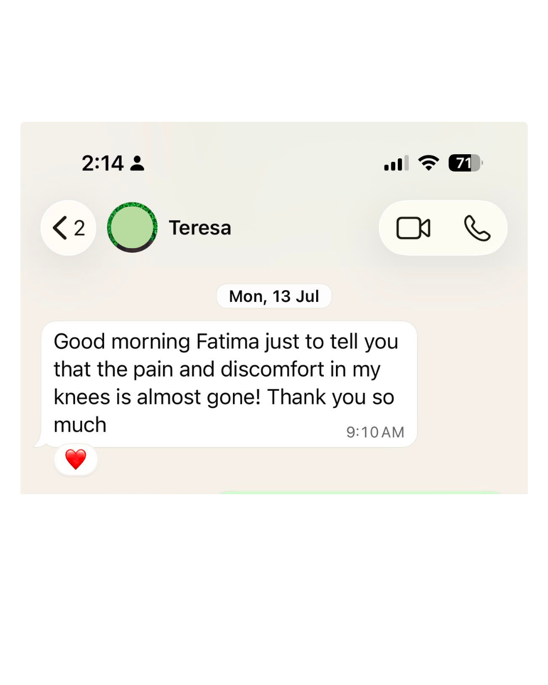 WhatsApp message from Teresa telling Fatima the pain and discomfort in her knees is almost gone