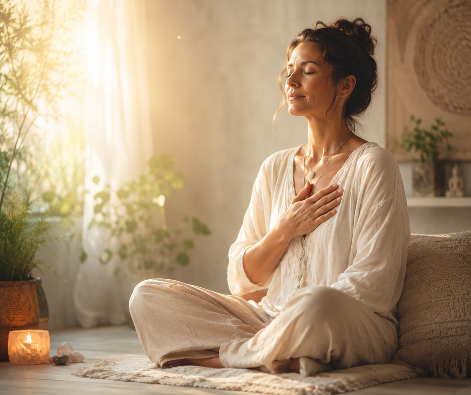A woman sitting in quiet stillness with a hand on her heart, soft warm light around her