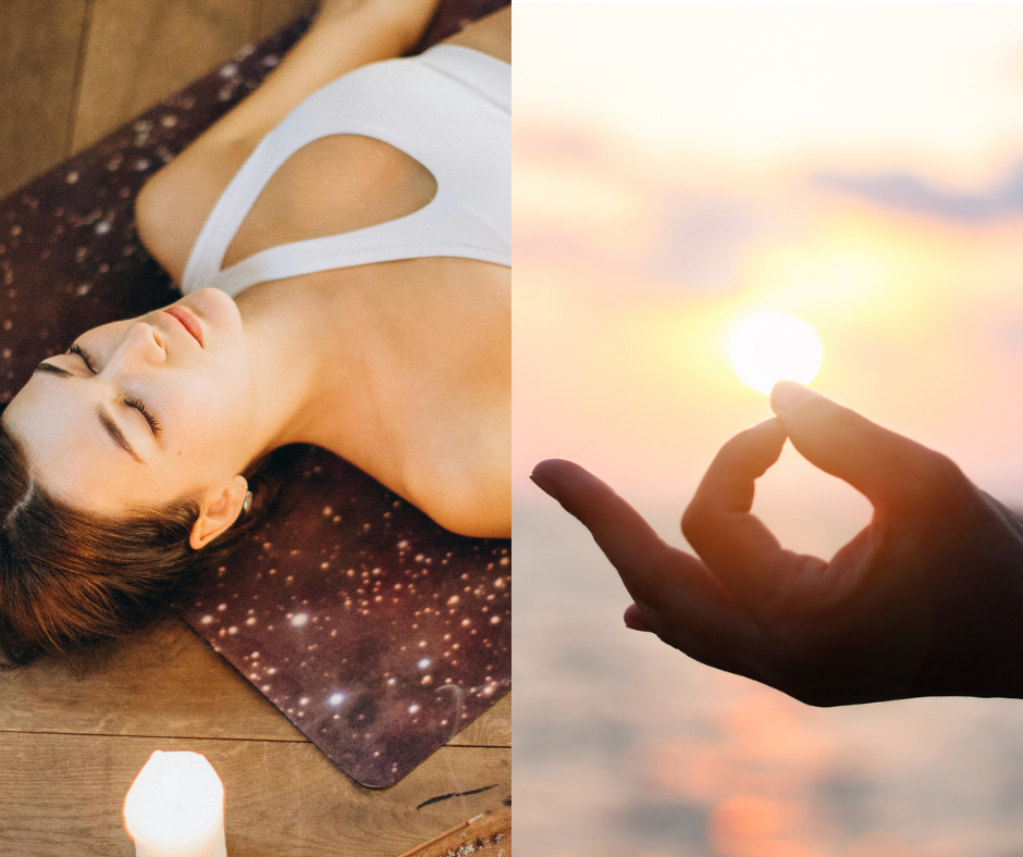 Split image of a woman resting in Savasana beside a hand forming a meditation mudra against a sunset