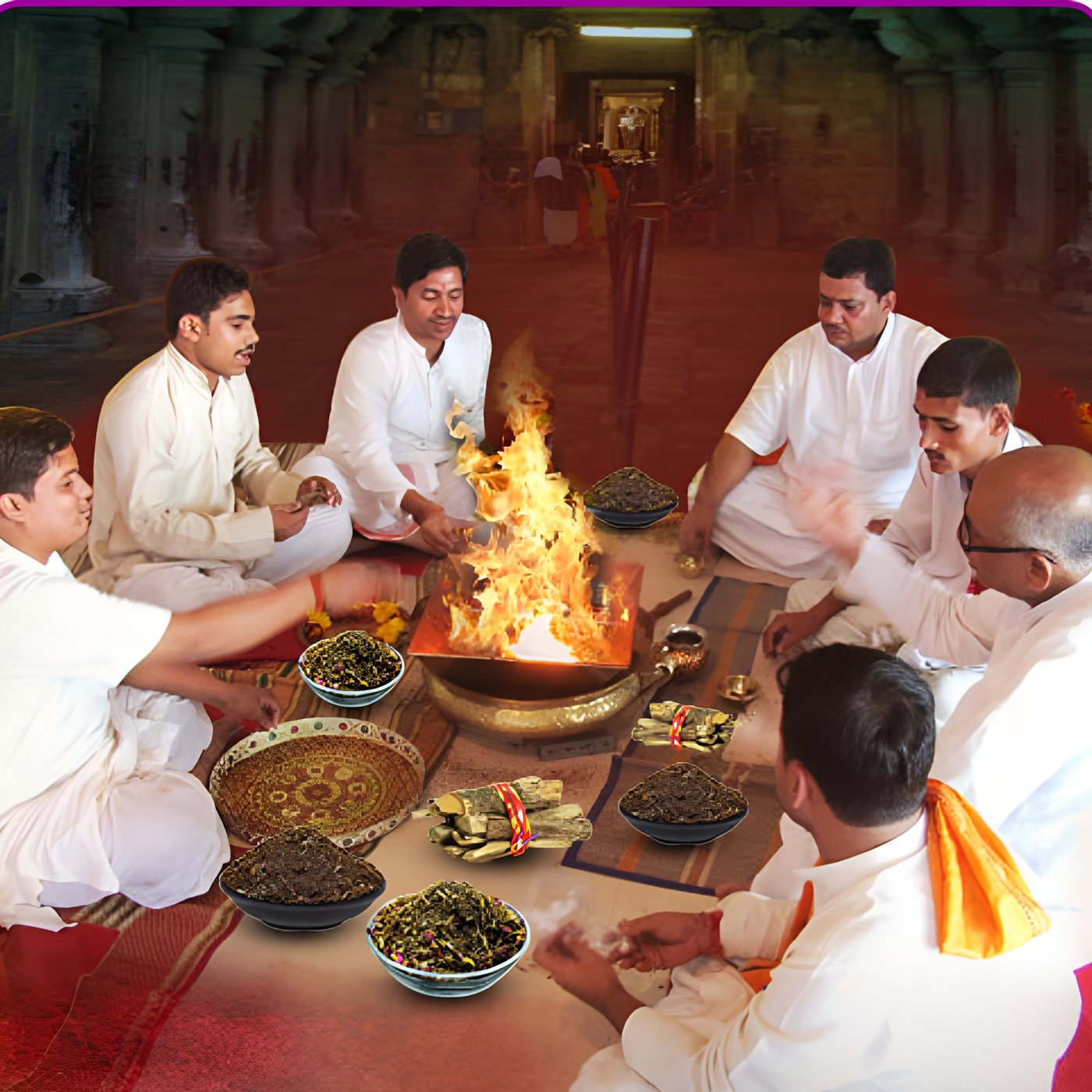 A traditional Indian fire ceremony, elements being blessed around a sacred flame