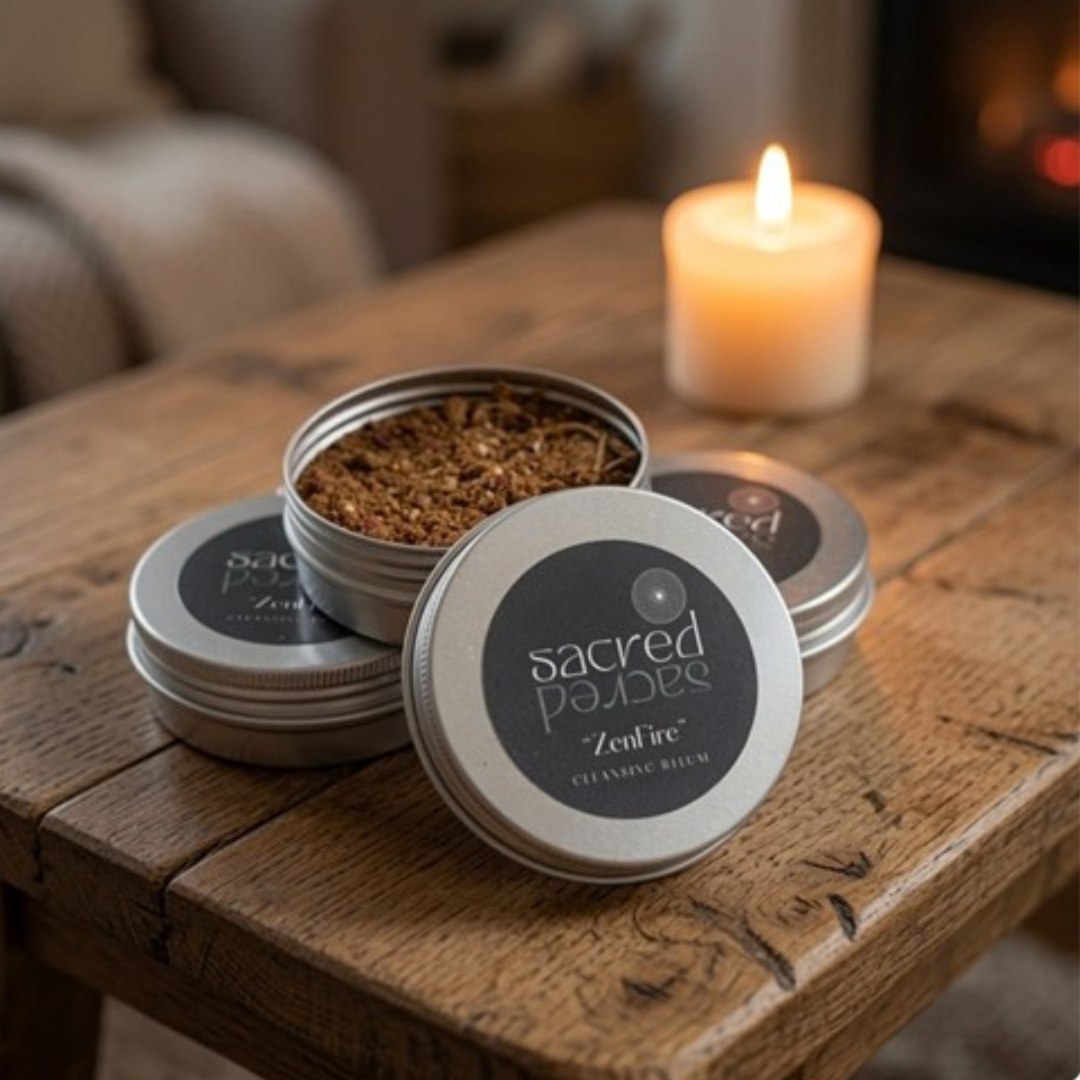 ZenFire tins beside a lit candle on a rustic wood coffee table