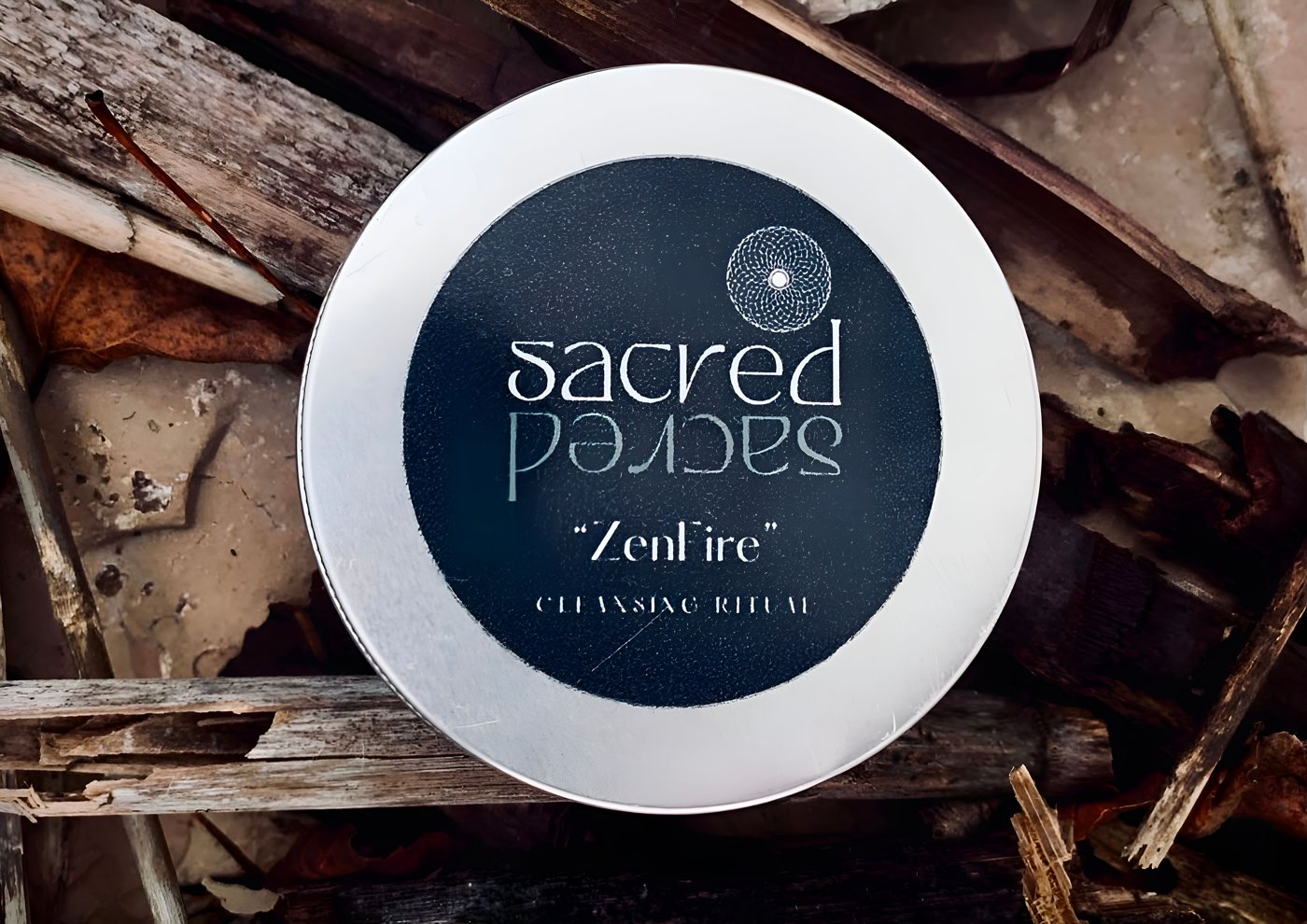 ZenFire tin resting on driftwood, showing the Sacred Spaces label
